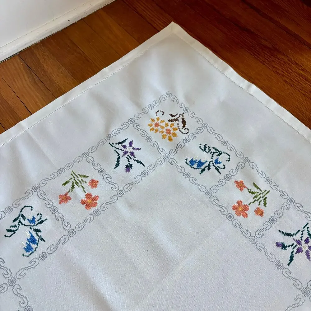 Vintage Cross Stitch Tablecloth Floral Border Heavy Cotton Square